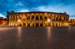 Verona amphitheatre, completed in 30AD, the third largest in the world, at dusk time. Roman Arena in Verona, Italy